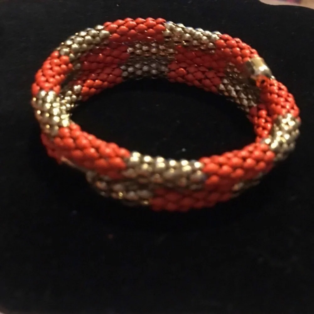Coral and Gold Beaded Rope Bracelet